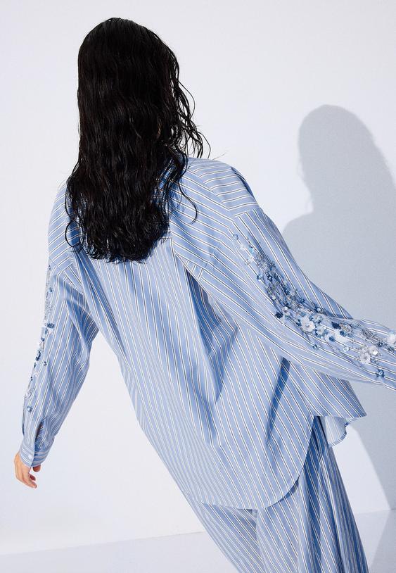 Stradivarius Embroidered Sleeve Shirt Sky Blue Xl