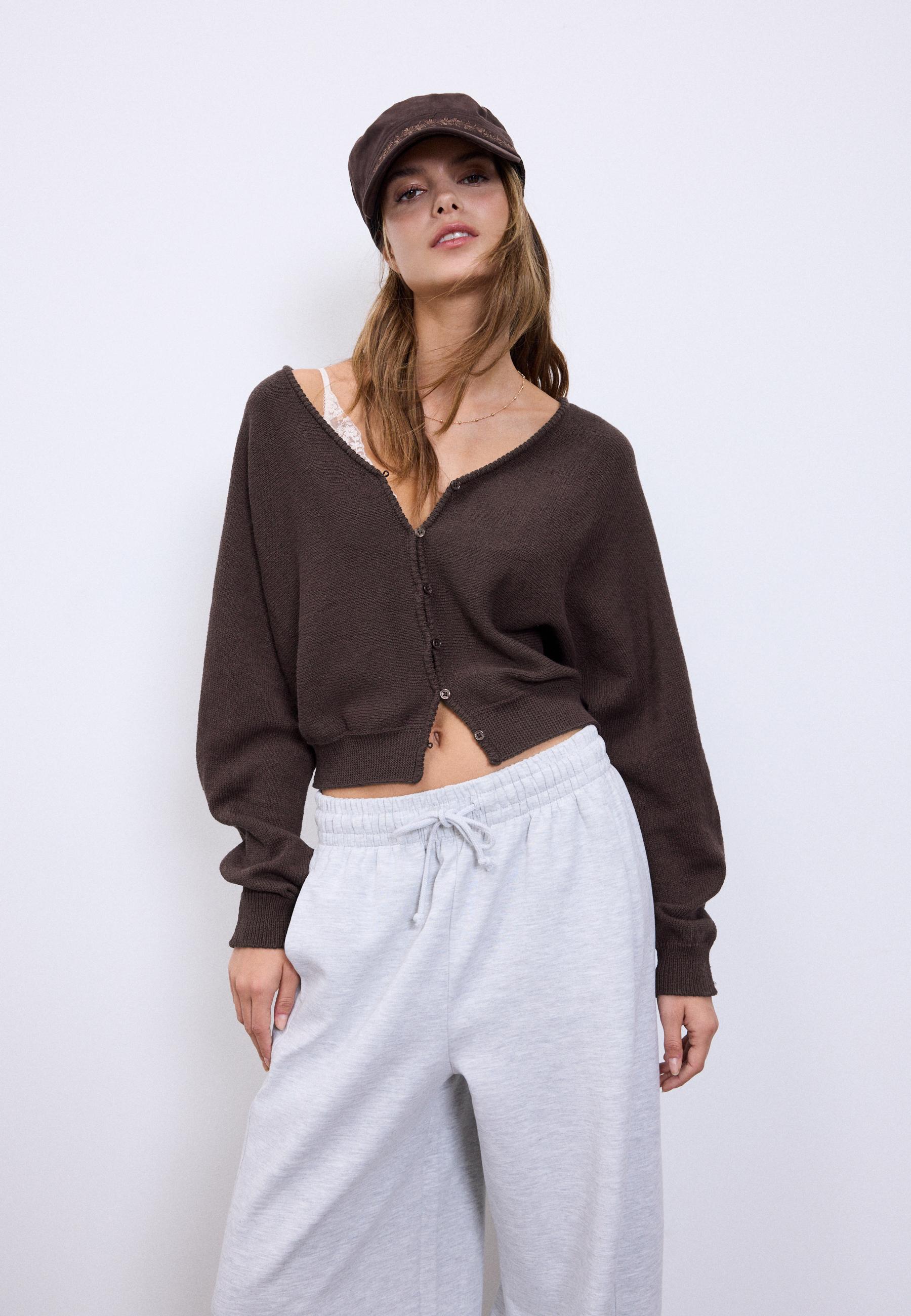 Batwing sleeve knit cardigan — Brown