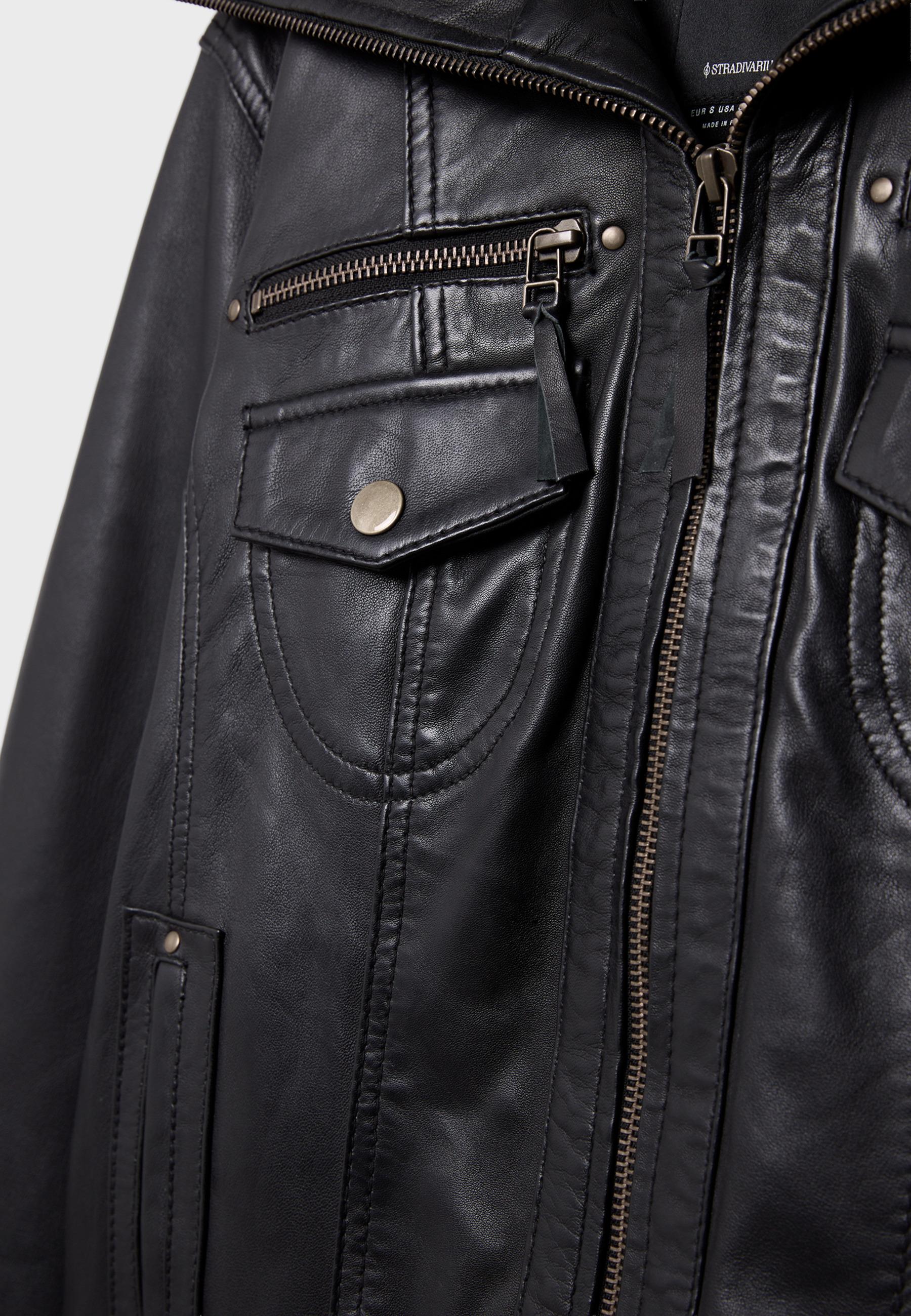 Ribbed Combined Leather Jacket - Women's fashion | Stradivarius Canada
