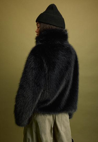 Basic high neck faux fur jacket — Black 5