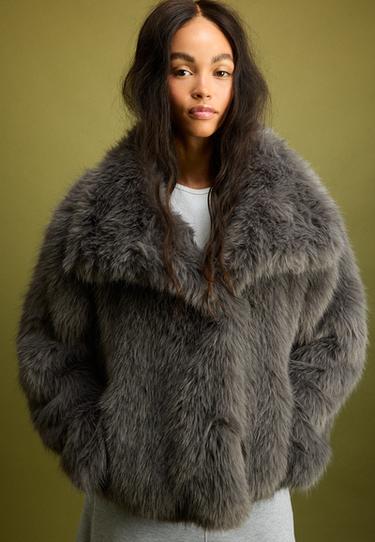 Basic high neck faux fur jacket — Dark grey 3