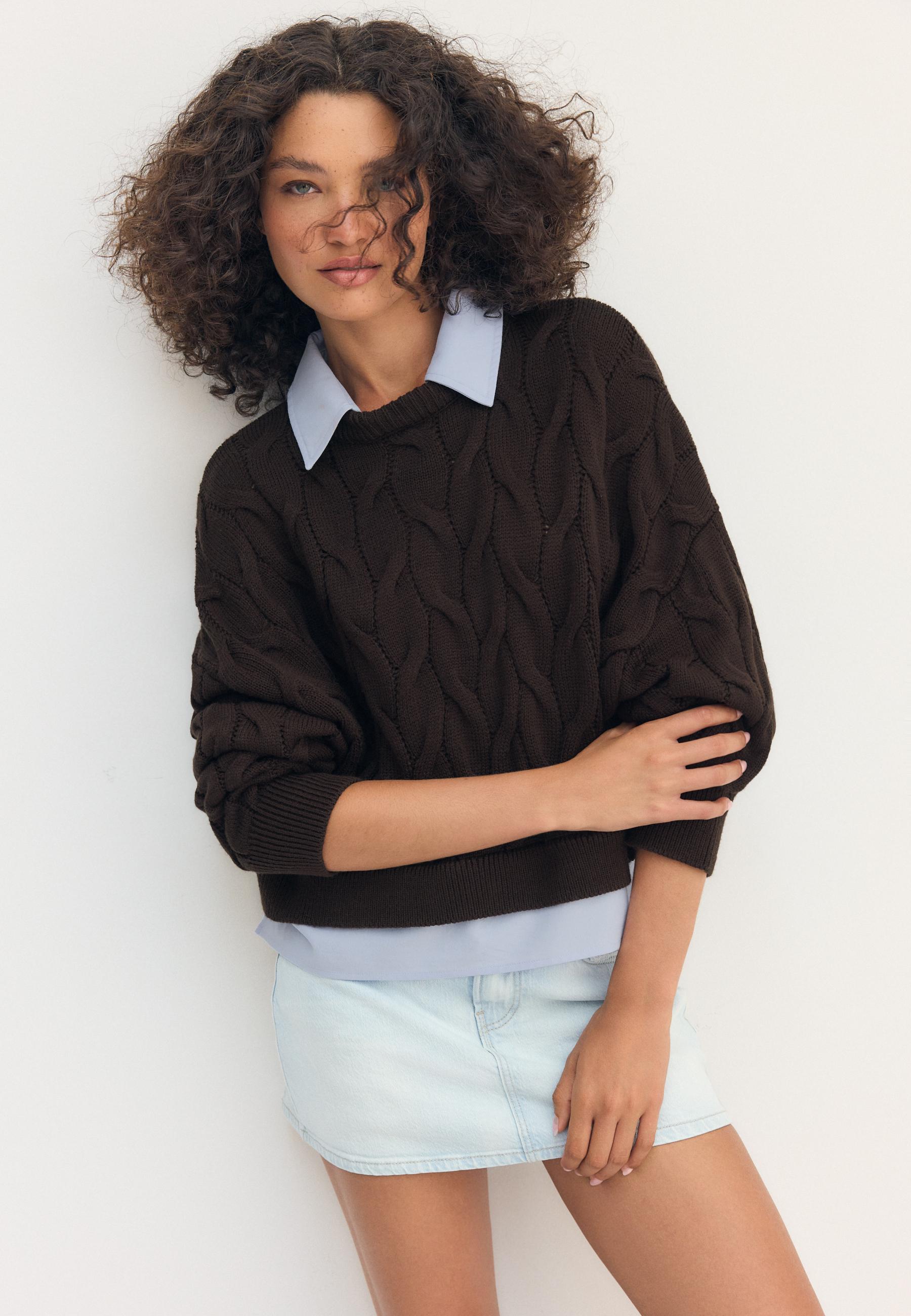Two-fabric knit sweater with detachable collar — Brown