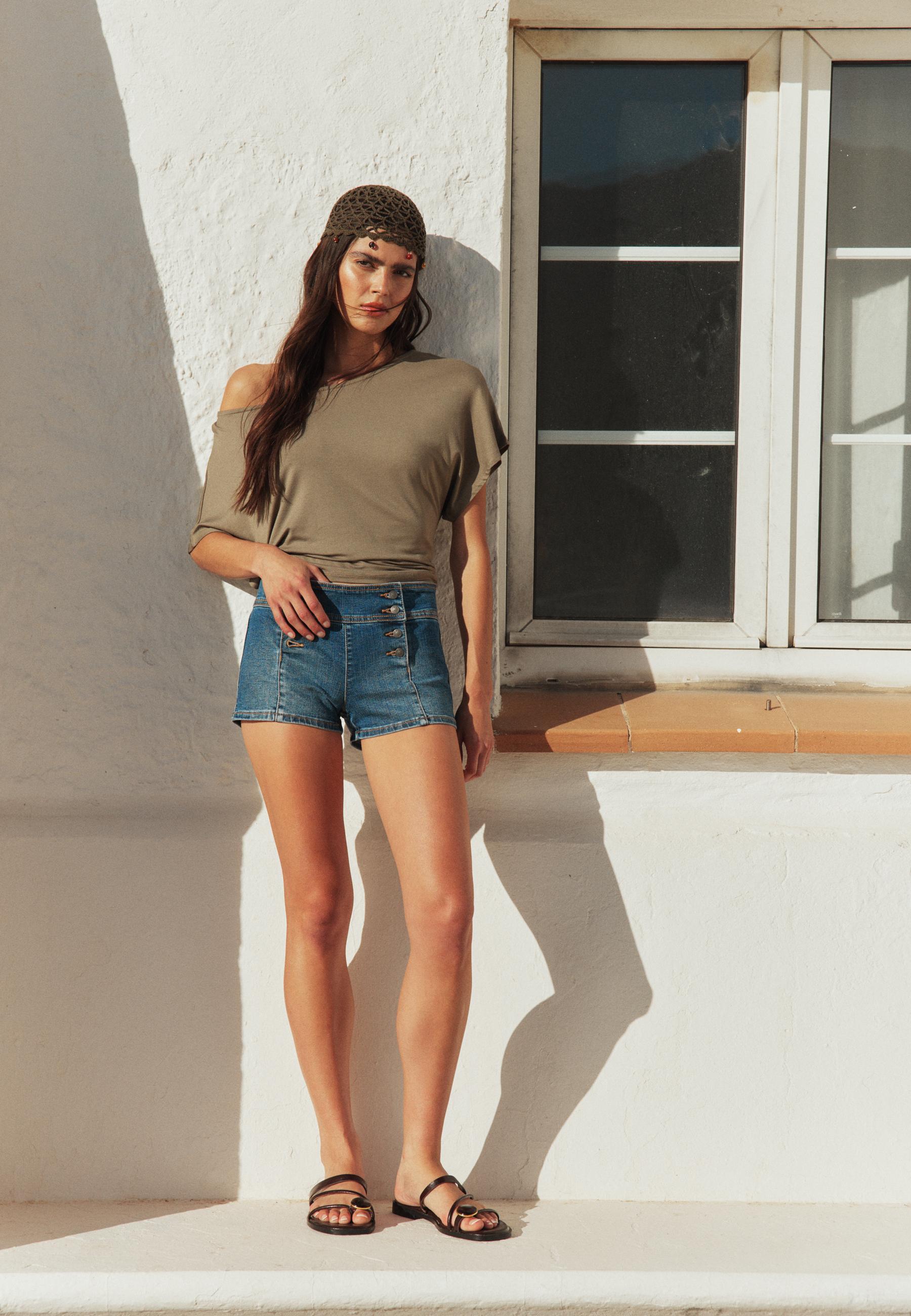 Button denim shorts — MEDIUM DENIM WASH