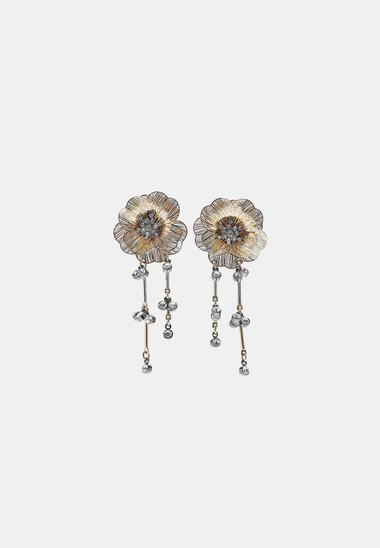 Long rhinestone flower earrings — Gold