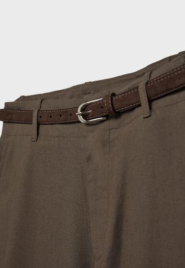 Straight-leg linen-effect trousers with belt — Brown 9