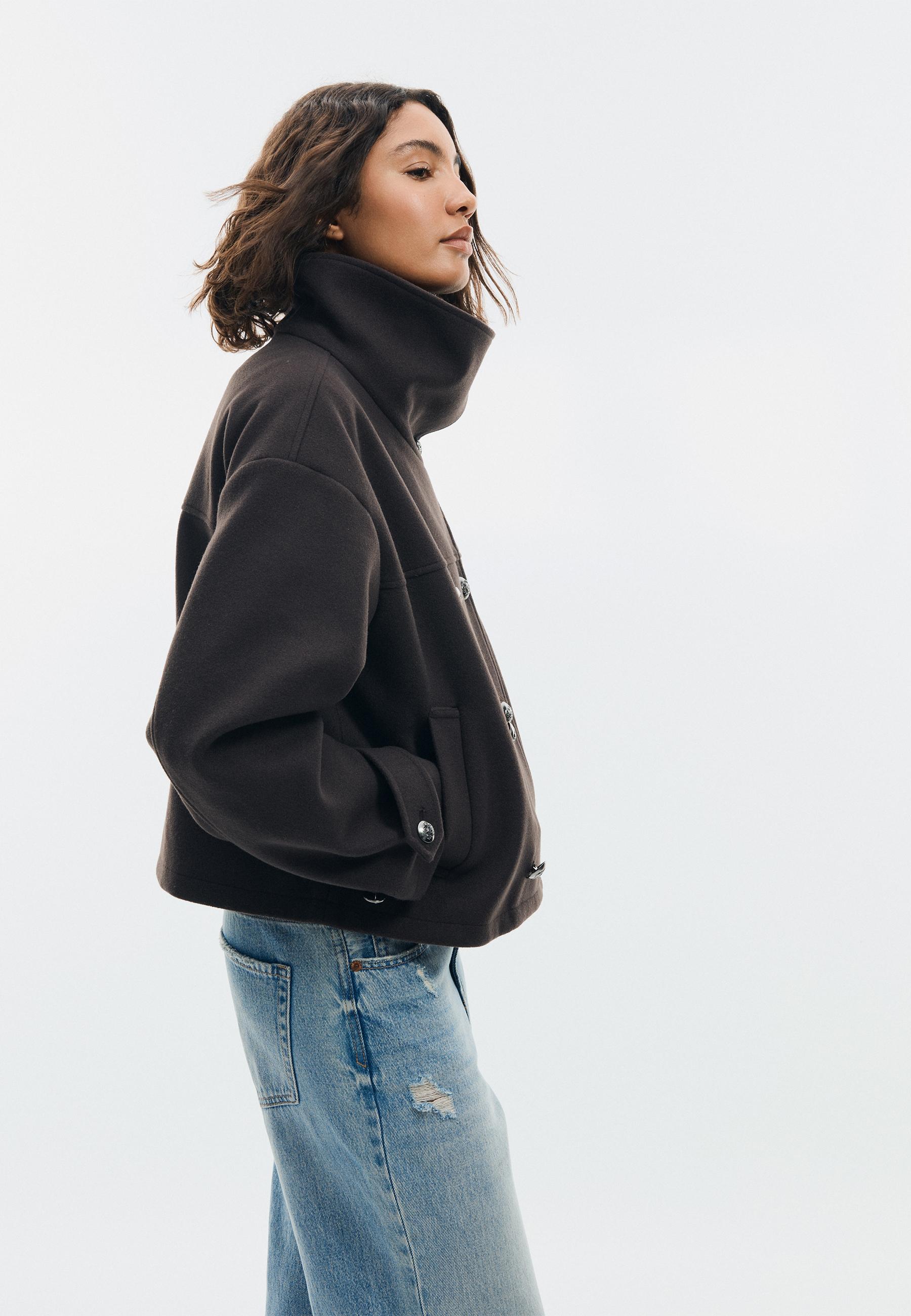 Soft-touch crossover high neck jacket — Brown