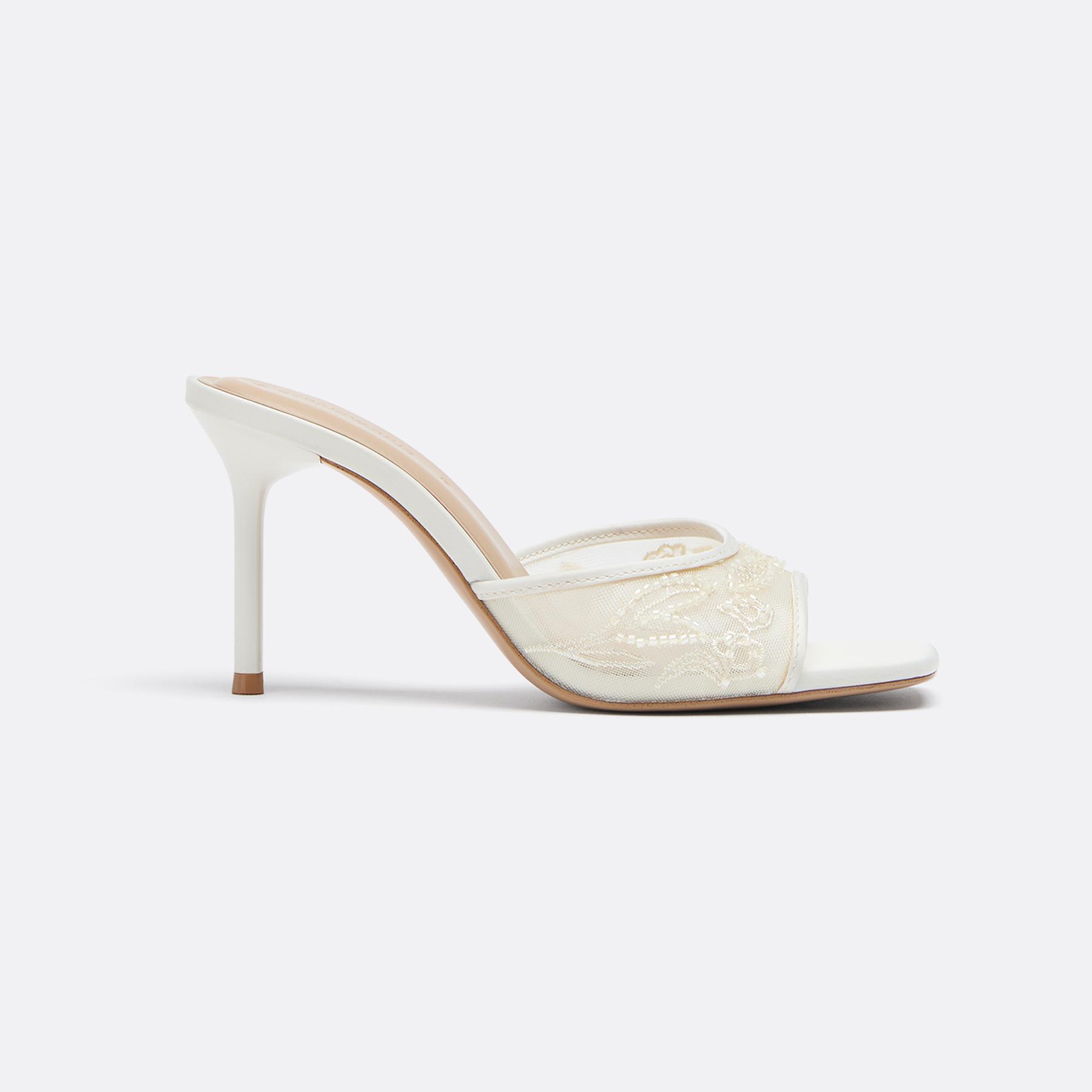 Heeled mesh bead sandals — ECRU