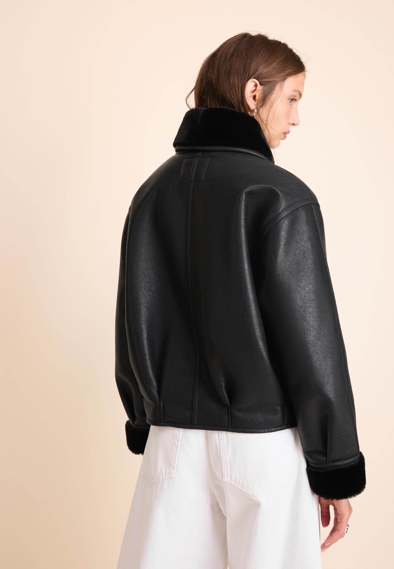 Leather effect shawl neck double-faced jacket — Black