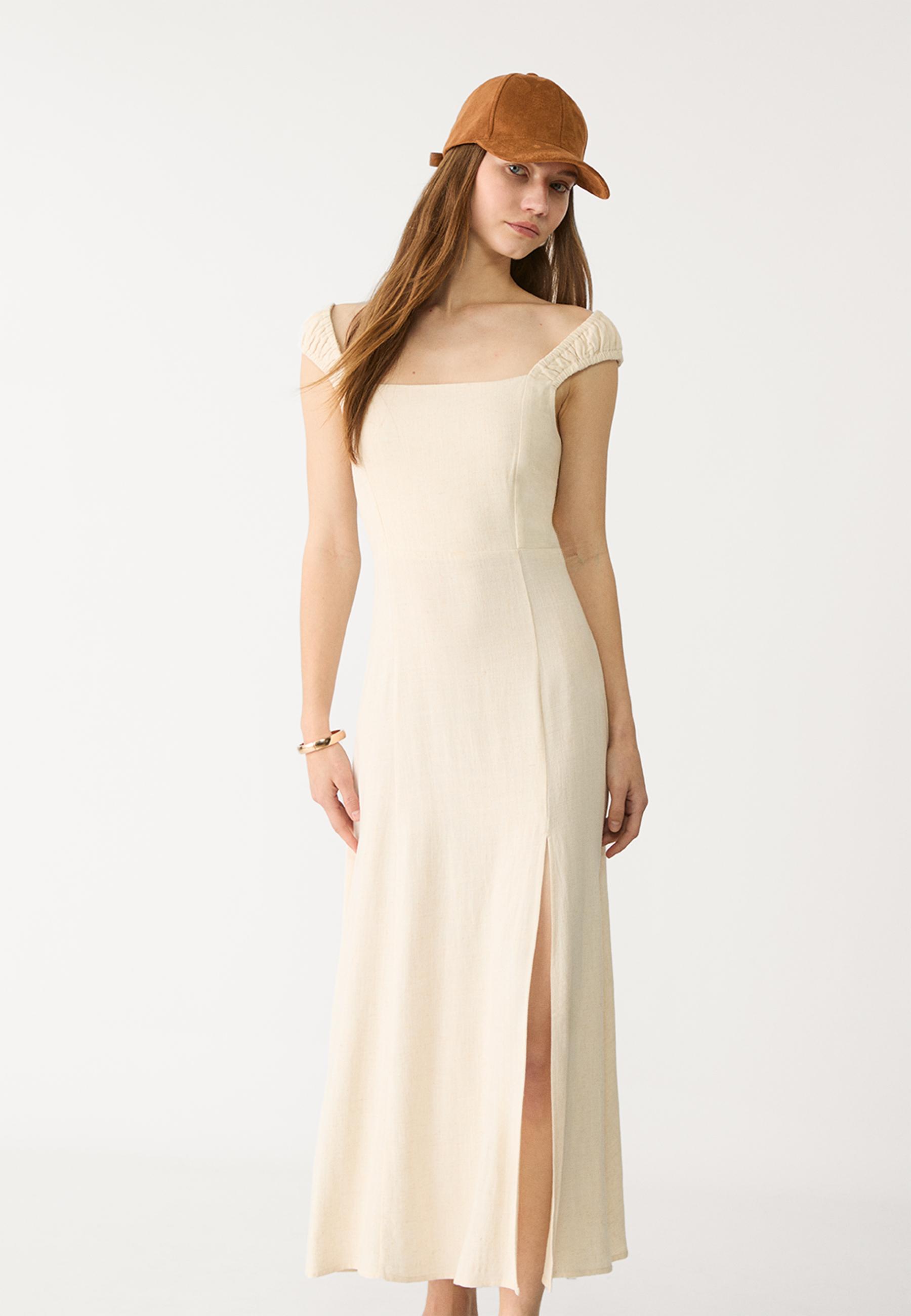 Flowing linen blend maxi dress with crossed back - Women's