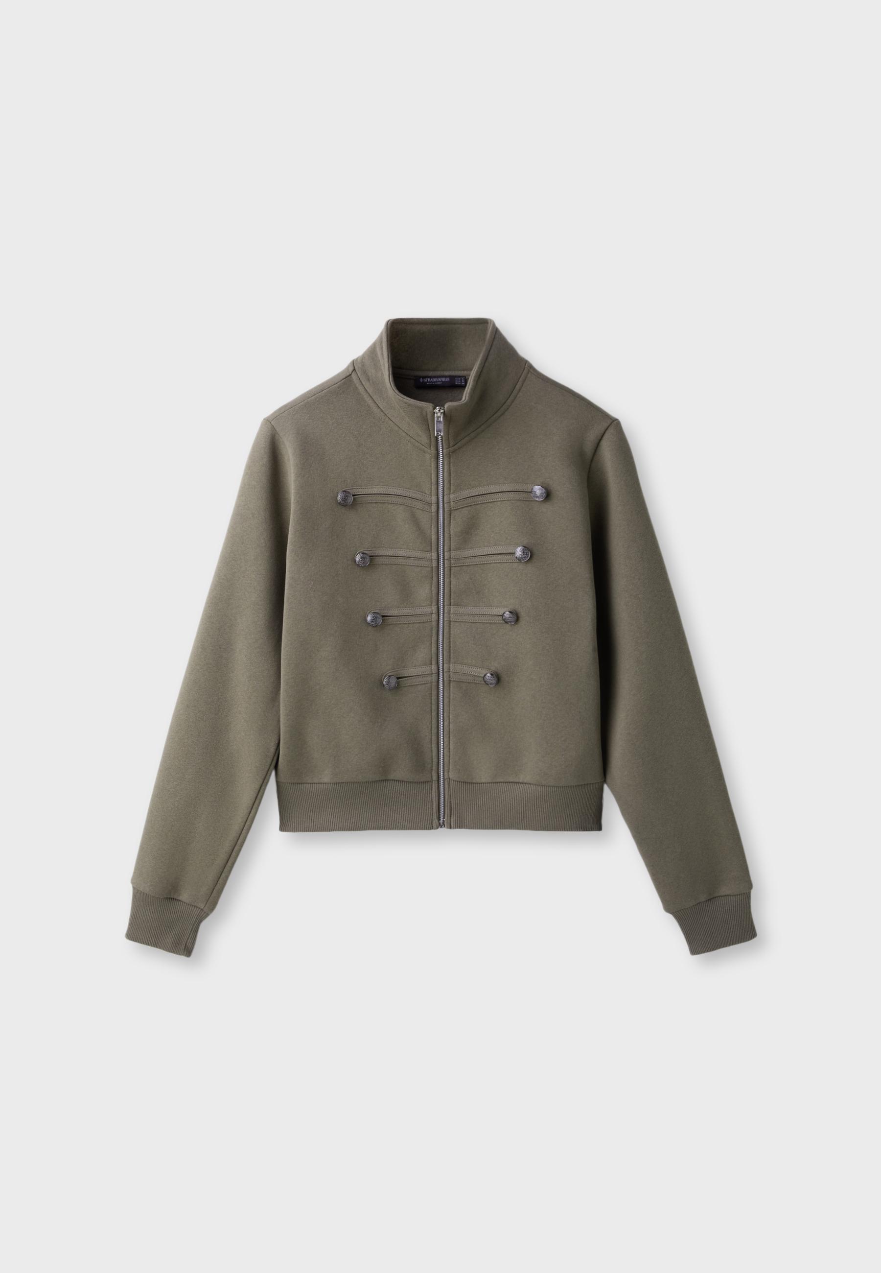 Metal Button Zip-Up Sweatshirt — Khaki