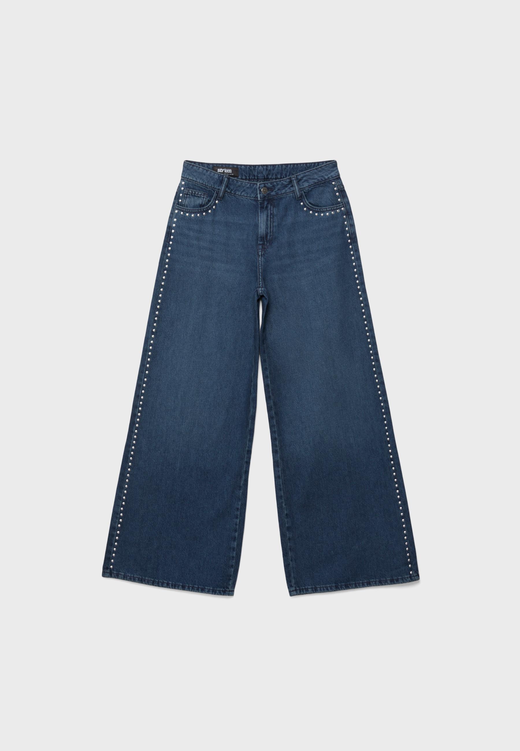 Wide-leg jeans with heart studs — BLACK DENIM WASHED EFFECT