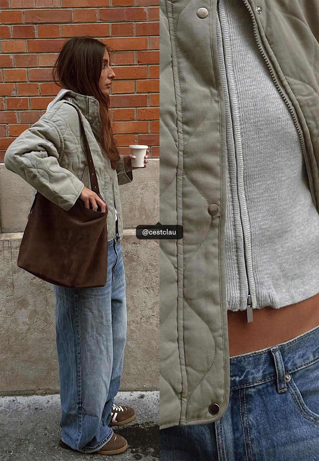 Bolso bucket efecto ante asa detalle