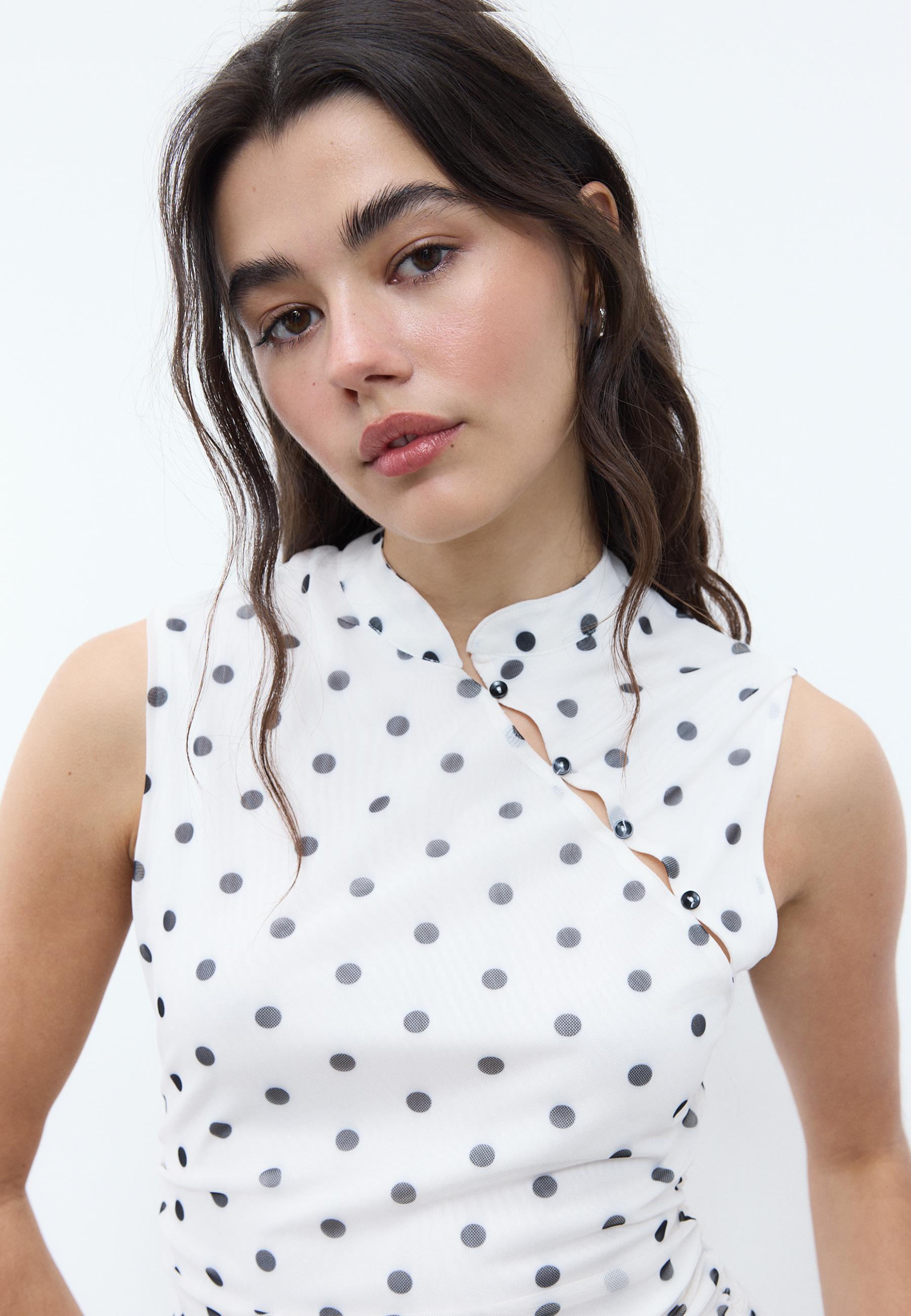 Polka dot short qipao dress — Ecru