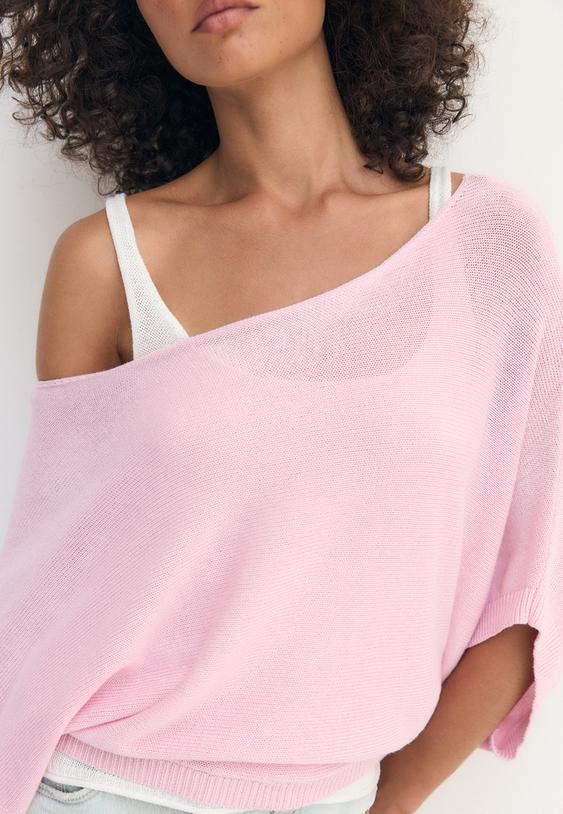 Stradivarius Boat Neck Knit Jumper With Overlay Pastel Pink Xs