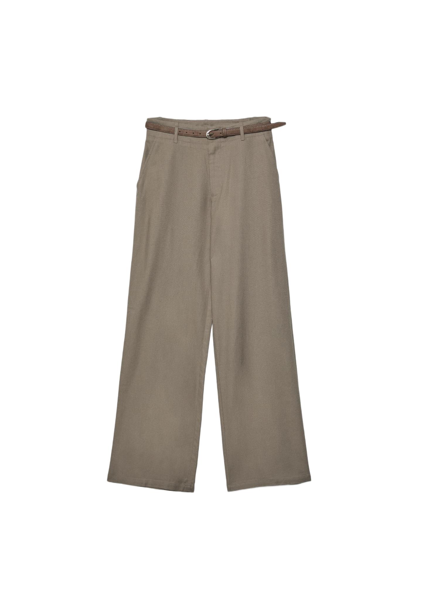 Kemerli, keten görünümlü düz paça pantolon - Görsel 16