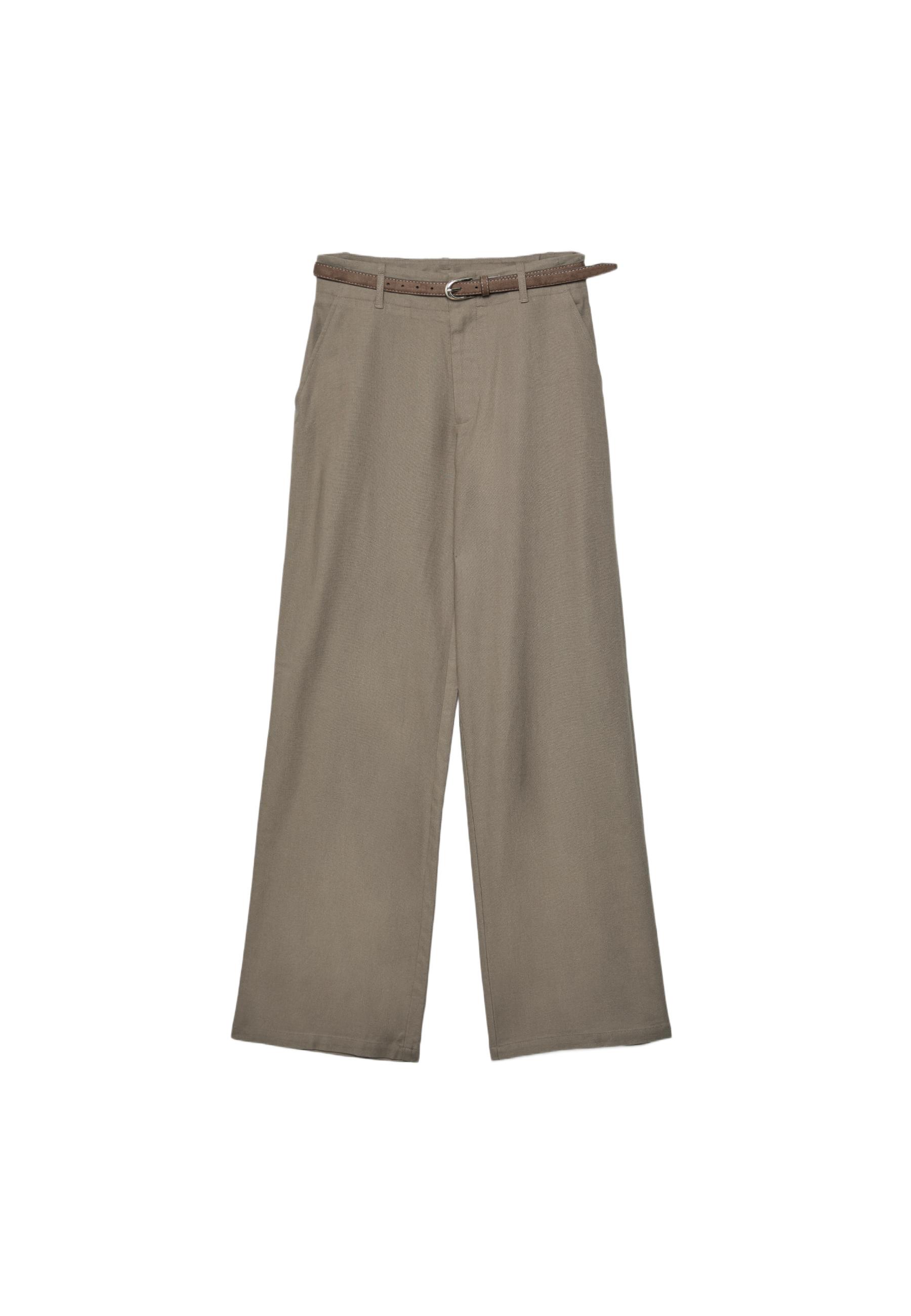 Linen-effect straight-leg trousers with belt — Brown