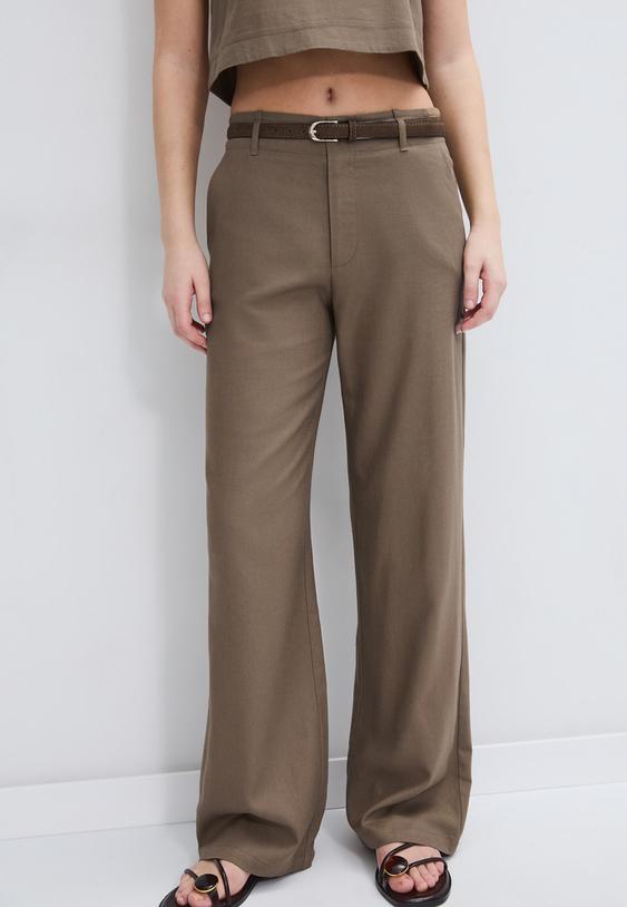 pantalon recto efecto lino cinturon