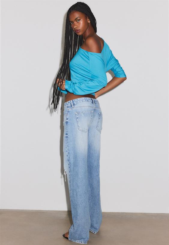 Stradivarius Low-Rise Ripped Straight Jeans Medium Light Blue Denim 10