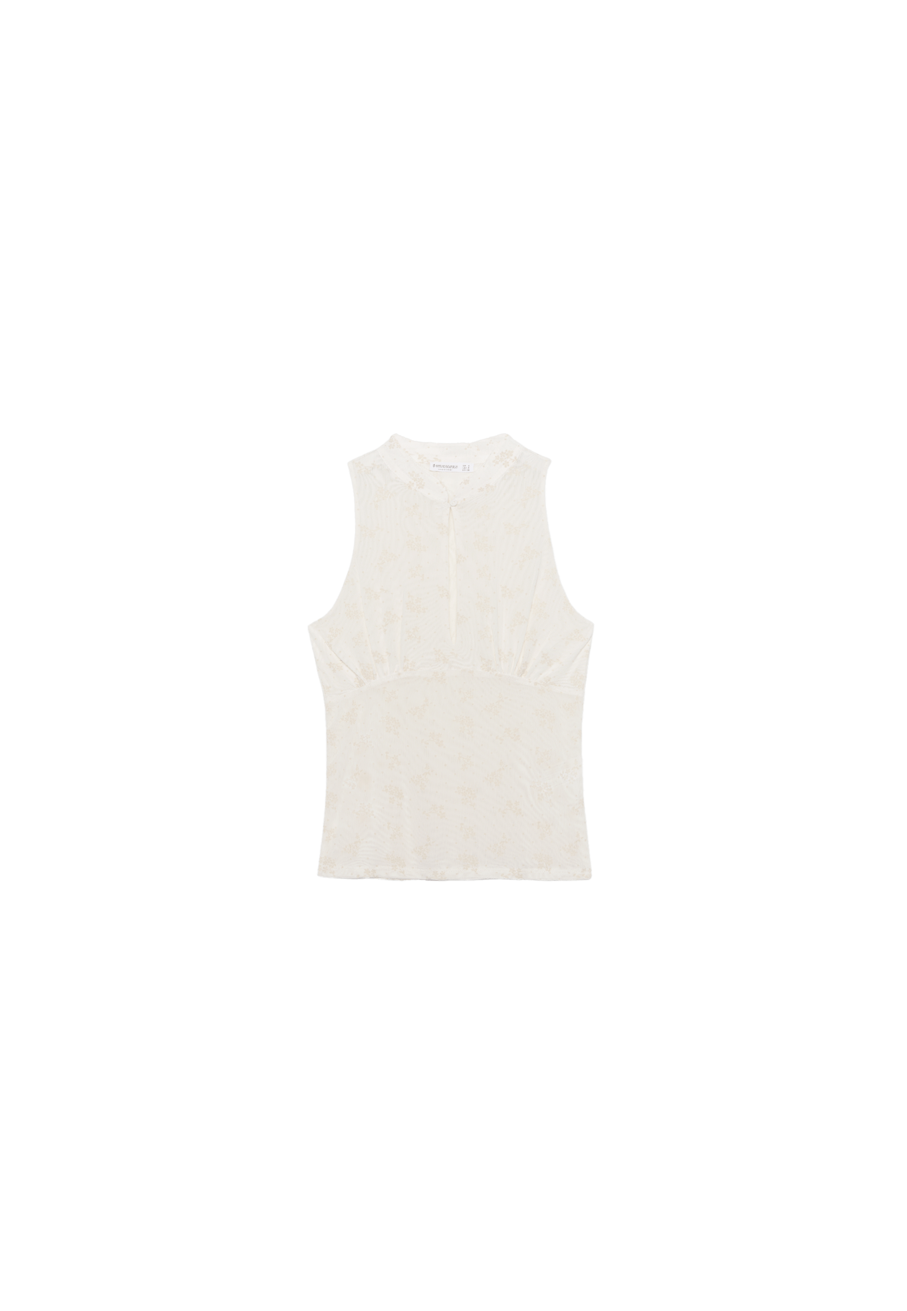 Sleeveless stand collar top with split — Ecru
