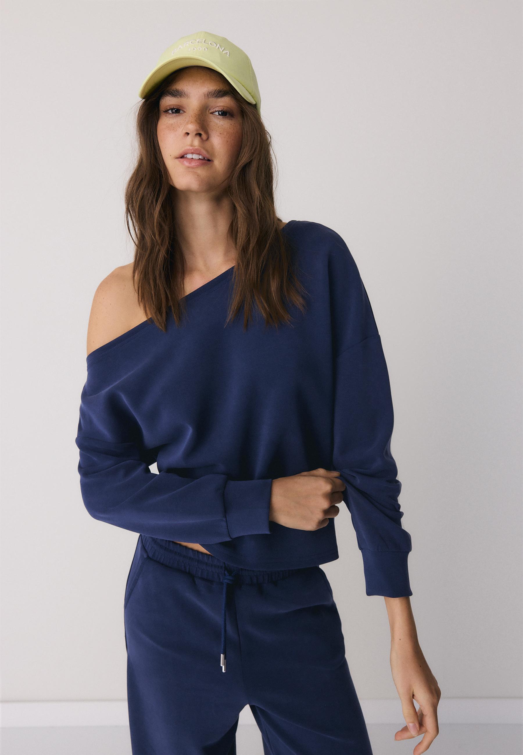 Soft-touch off-the-shoulder sweatshirt — Dark blue