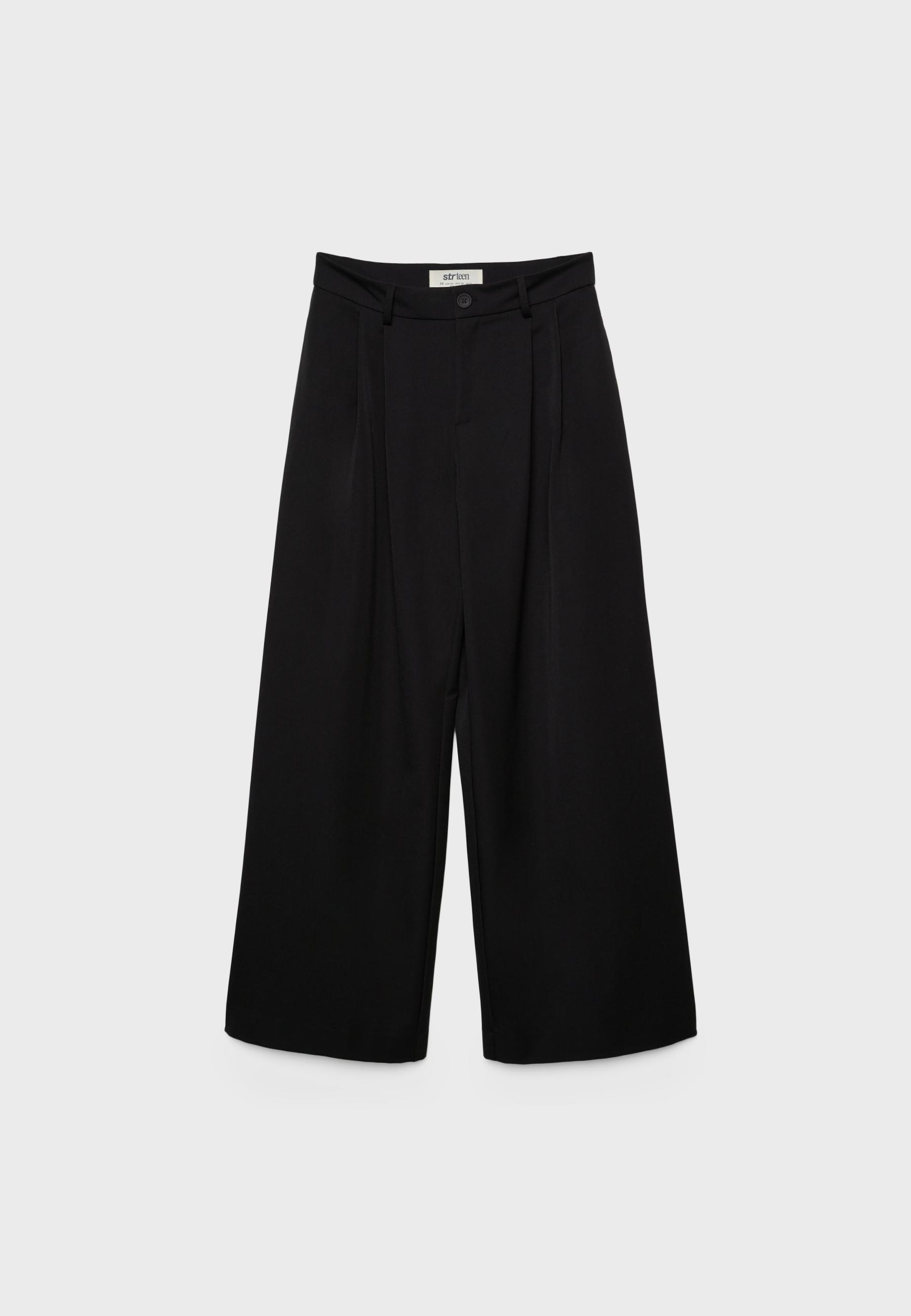 Wide-leg tailored trousers with darts — Black