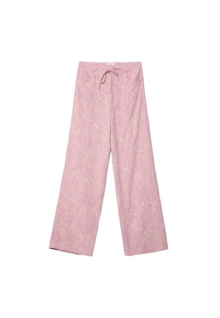 Keten karışımlı işlemeli straight fit pantolon_0