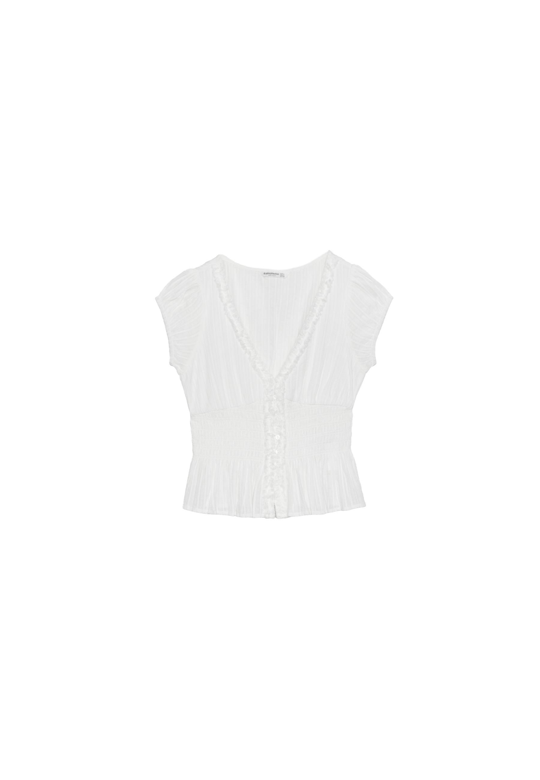 Short sleeve shirred shirt — White