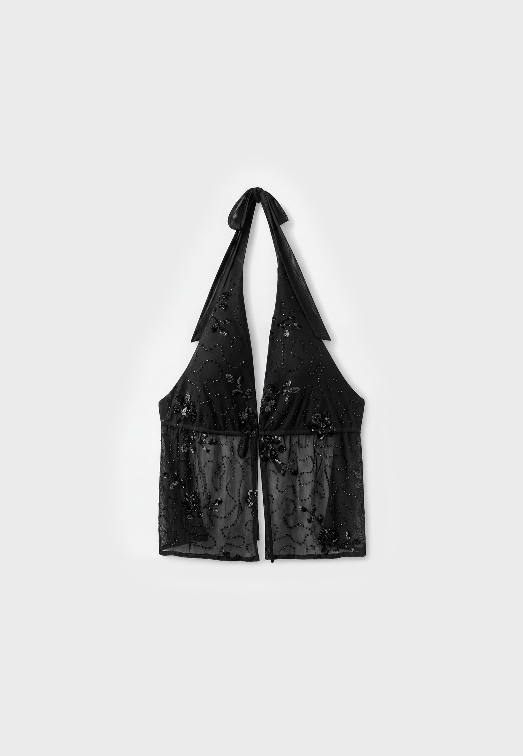 Embroidered halter top with rhinestones — Black