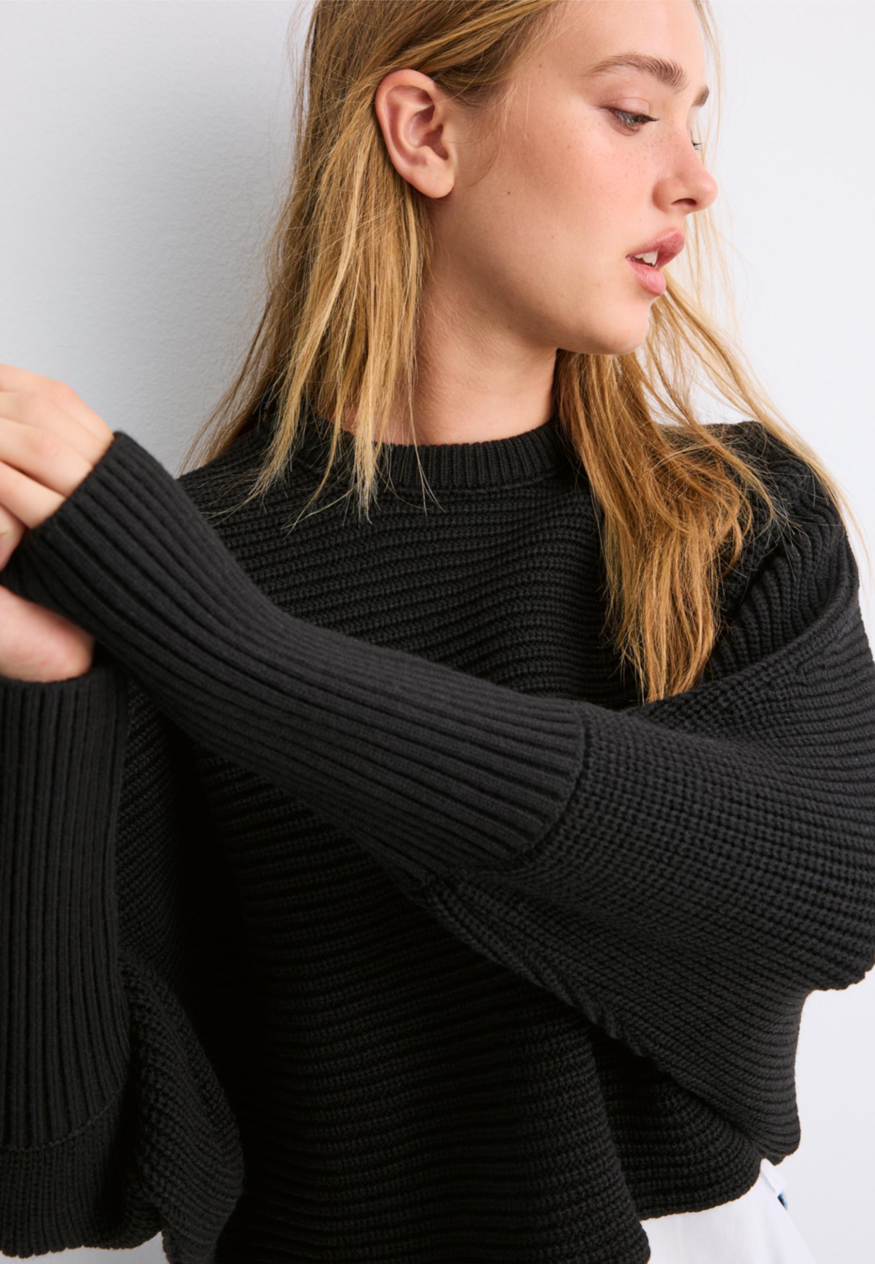 Mixed-fabric batwing knit jumper — Black