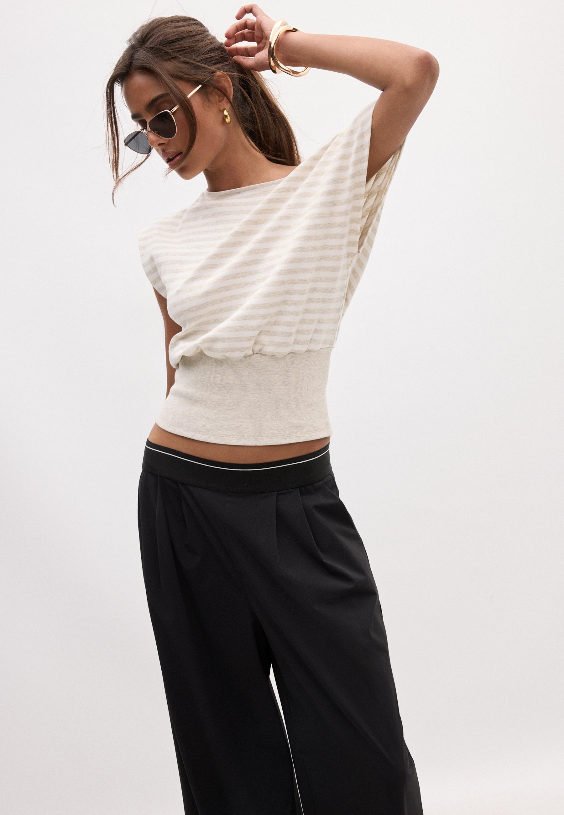 Striped Boat Neck Fitted T-Shirt — Stone