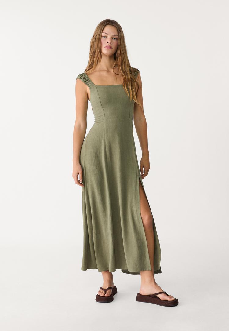 vestido fluido midi cruzado espalda con lino