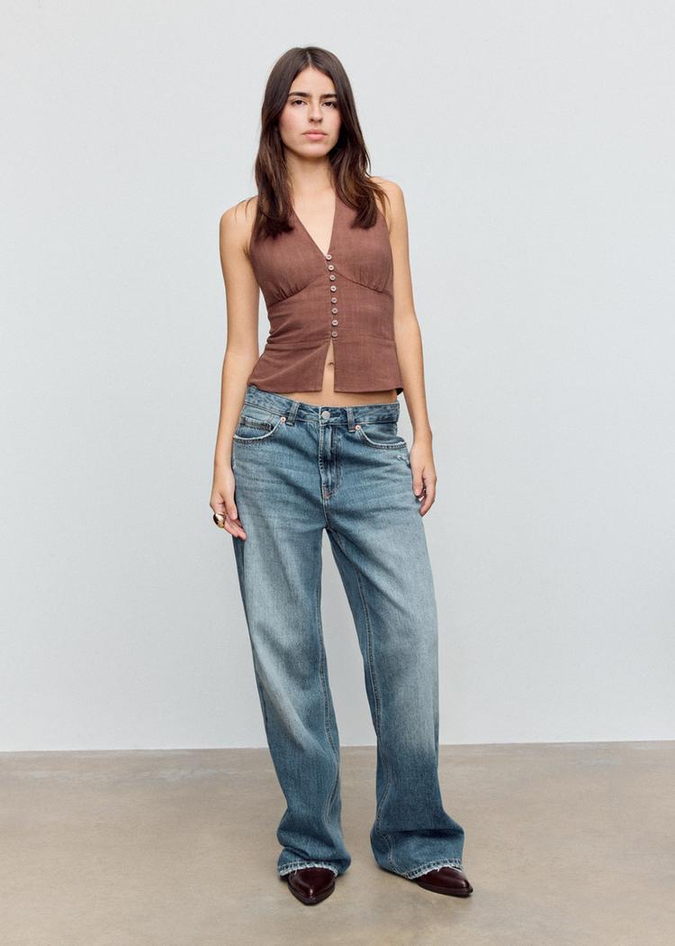 linen blend halter top with buttons