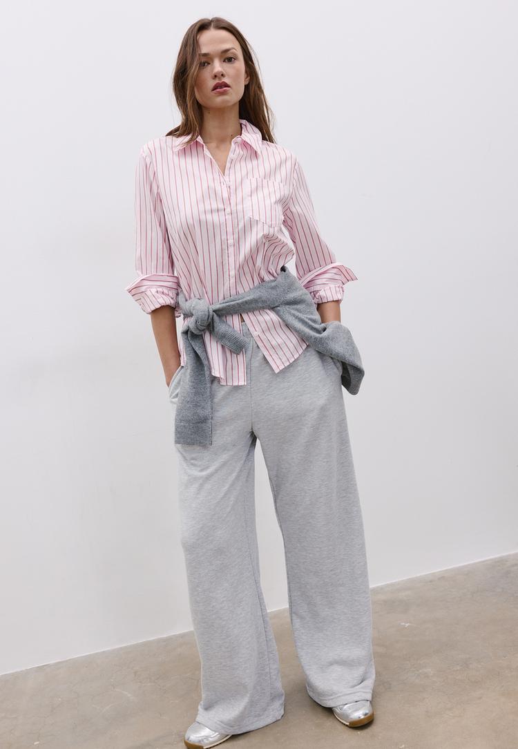 camicia basic a righe con tasca in popeline