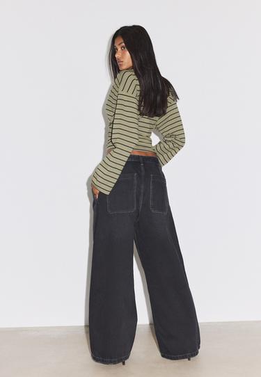 Wide-leg pleated jeans — BLACK DENIM WASHED EFFECT  5