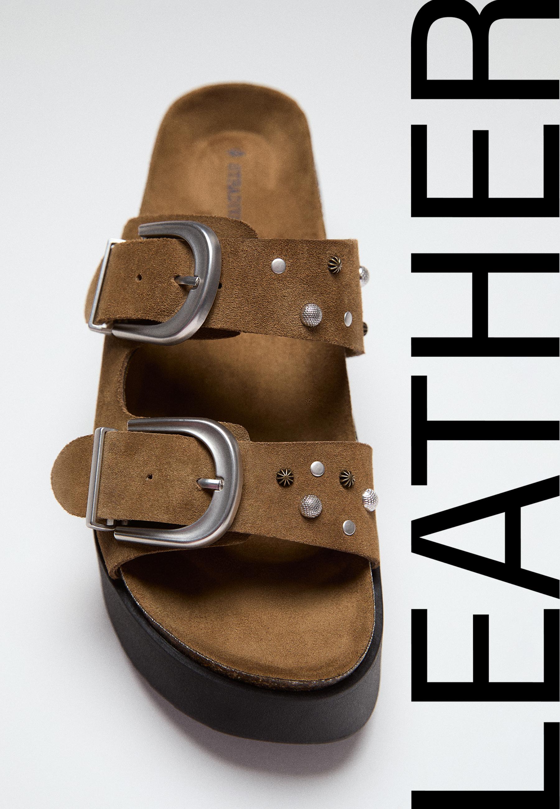 Platform leather buckle sandals — BEIGE