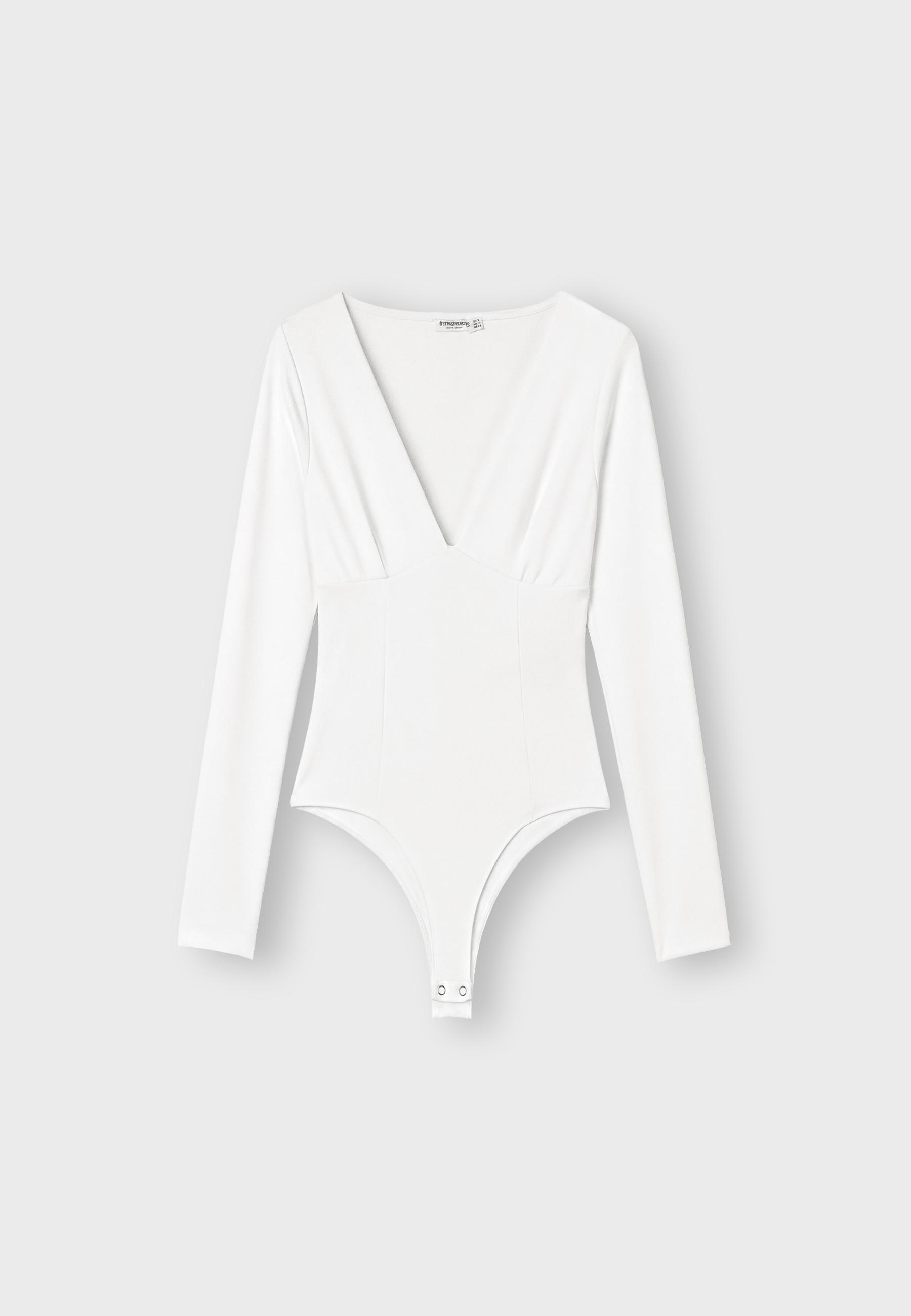 V-neck bodysuit with under-bust gathering — Vanilla