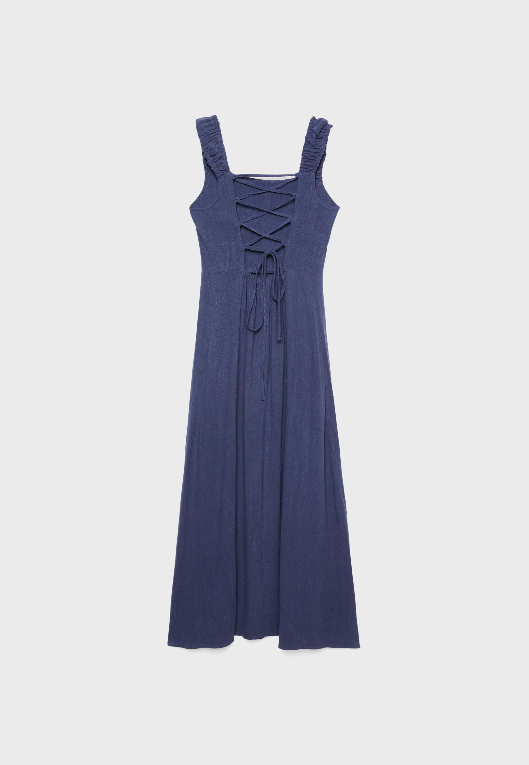Linen-look cross-back midi dress — Navy blue