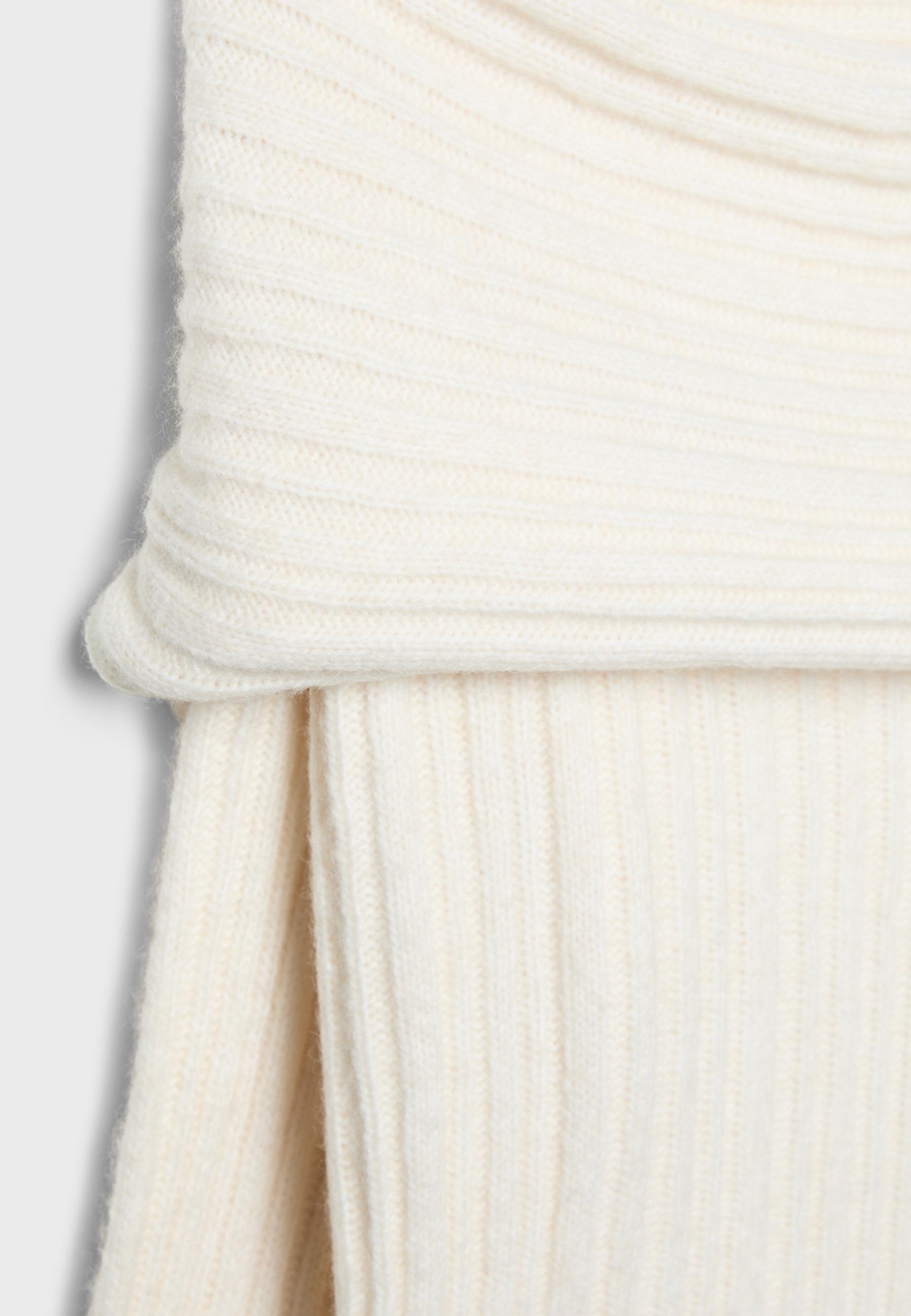 Asymmetric exposed shoulder knit sweater — Ecru