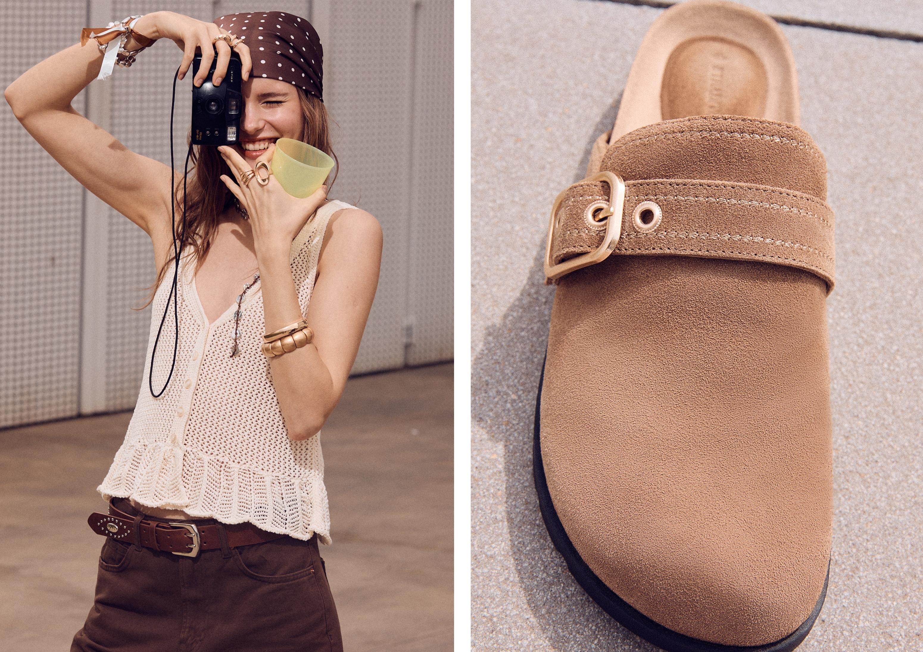 Split suede clogs with buckle — BEIGE