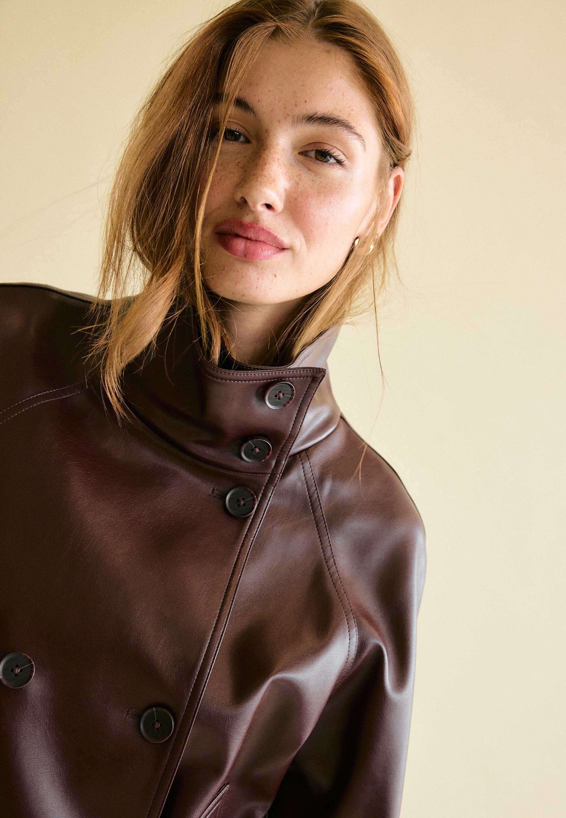High neck leather effect trench coat — Brown