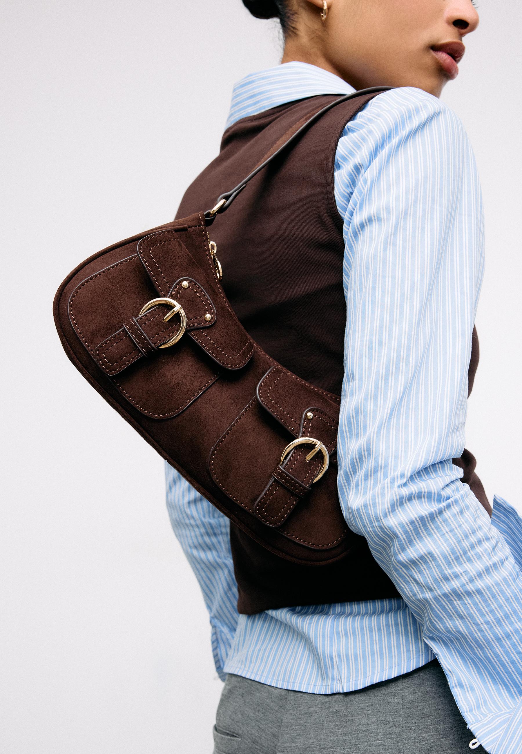 MOON SHOULDER BAG WITH POCKETS — Brown
