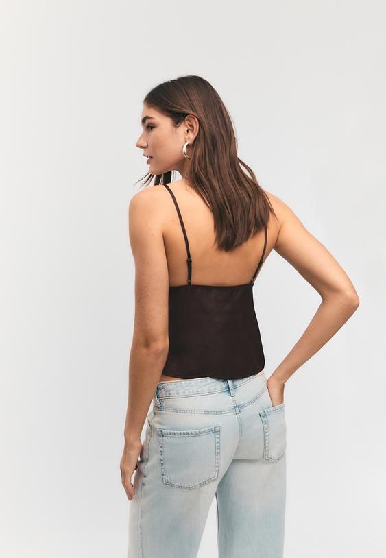 Stradivarius Strappy Satin Lace Top Brown M