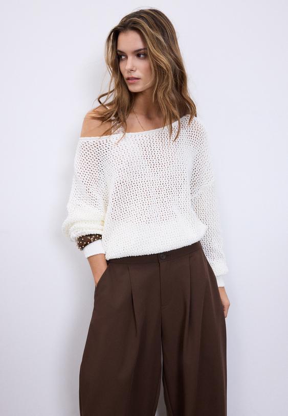 camisola de malha mesh com decote barco