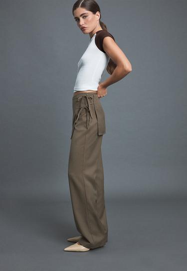 Striped straight-leg trousers with skirt overlay — Khaki 2