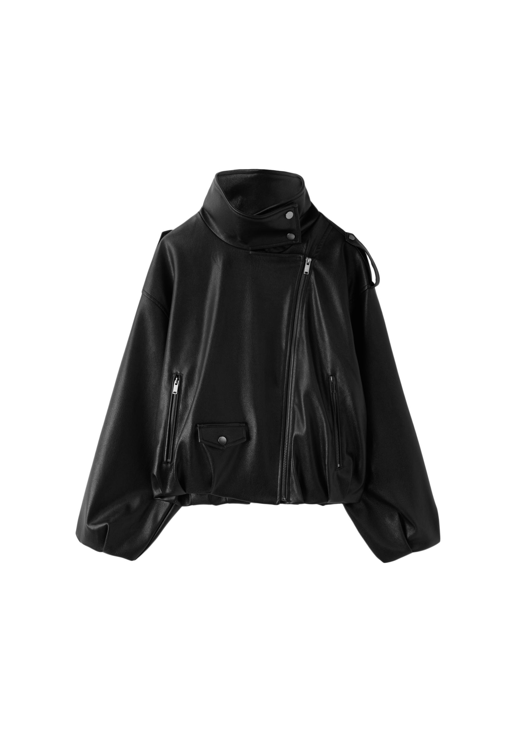 Leather effect balloon sleeve biker jacket — Black