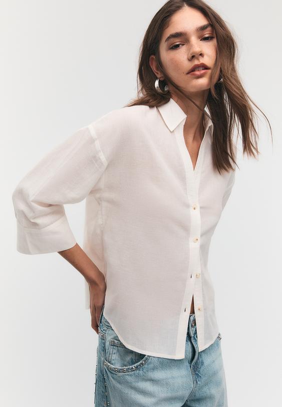 Stradivarius Chemise Manches Kimono Effet Lin Blanc M