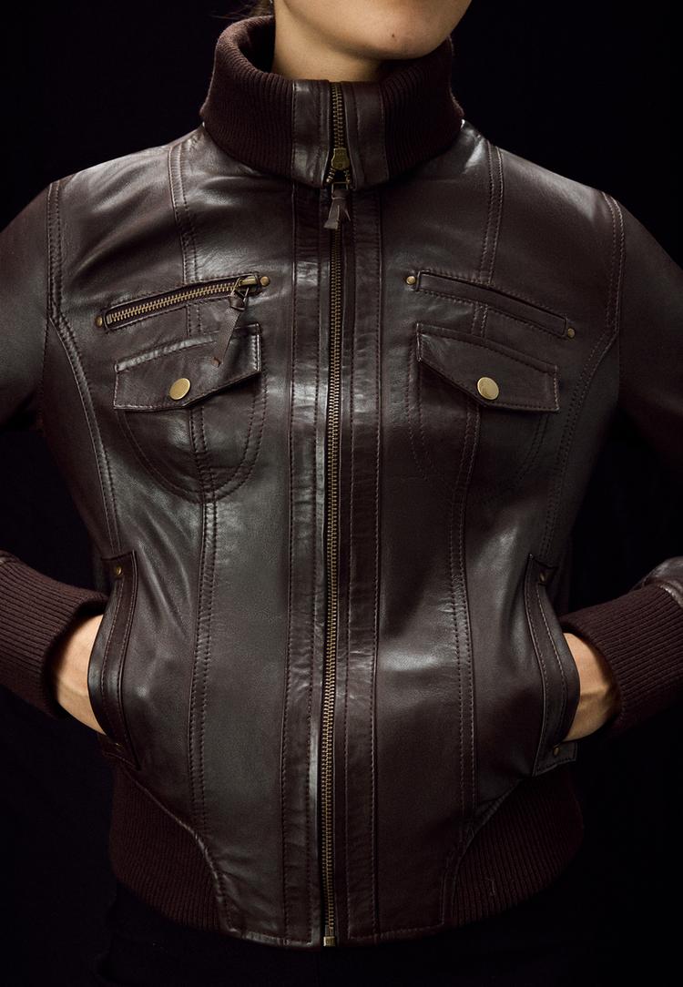 Leather jacket with ribbed trim — Brown