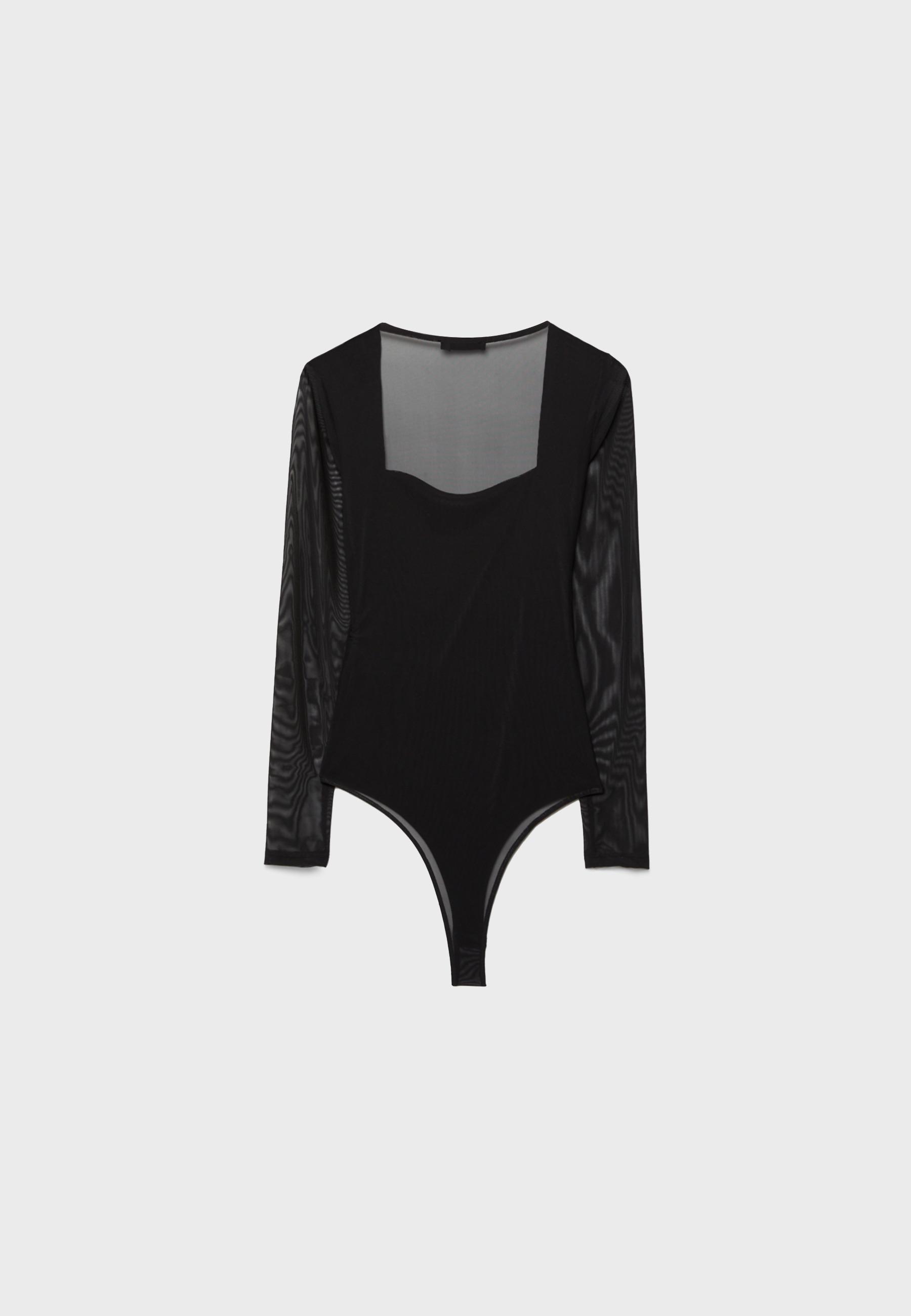 Tulle bodysuit with square neckline — Black