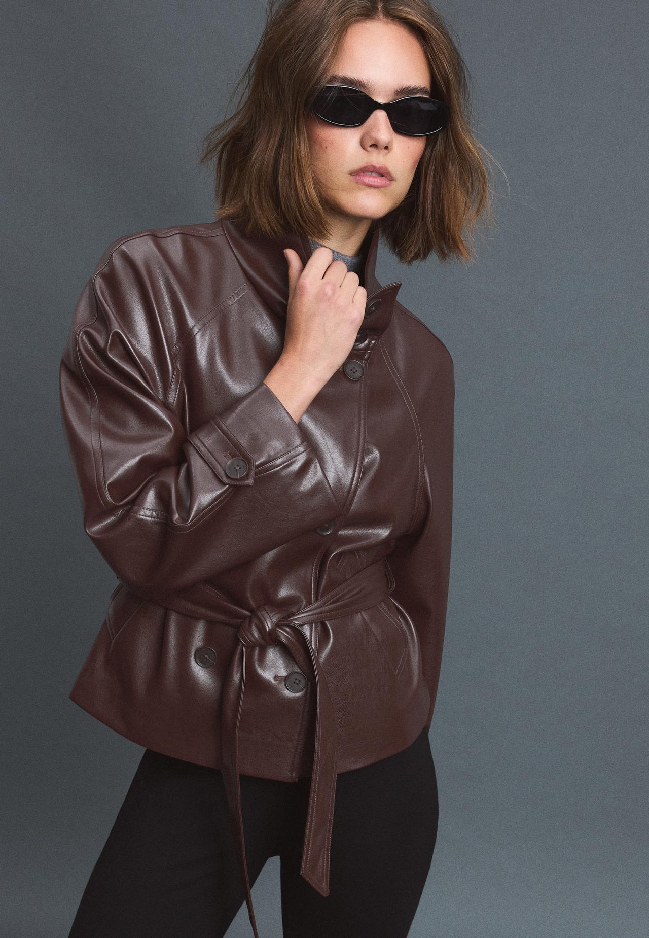 High neck leather effect trench coat — Brown