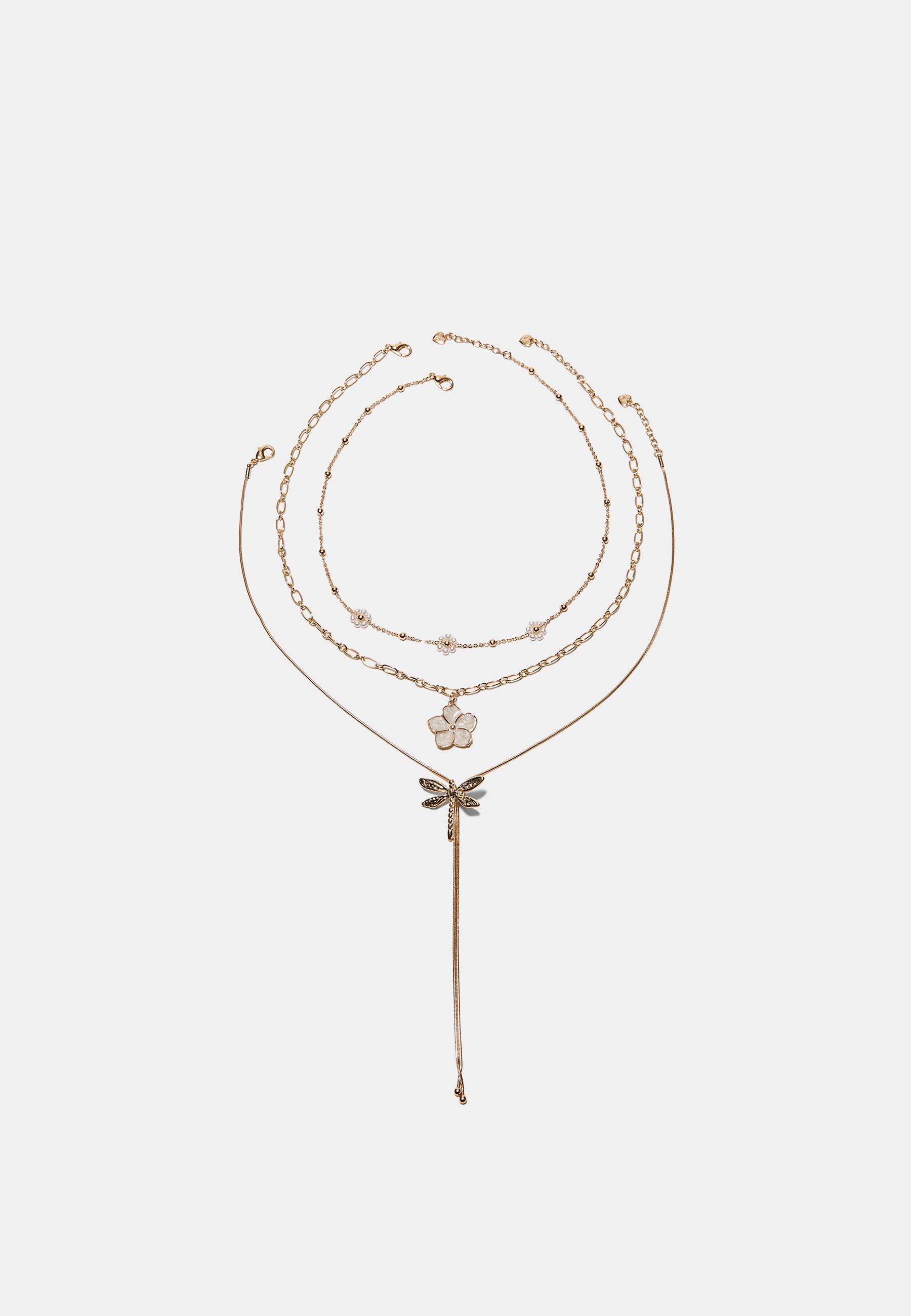 Set of 3 flower and dragonfly necklaces — Gold